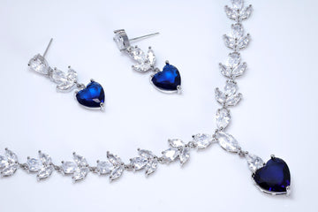 CZ Sapphire Dream Inspired By Blue Heart Of The Ocean Necklace Set, Long Bridal Jewelry, Titanic Statement Earrings.